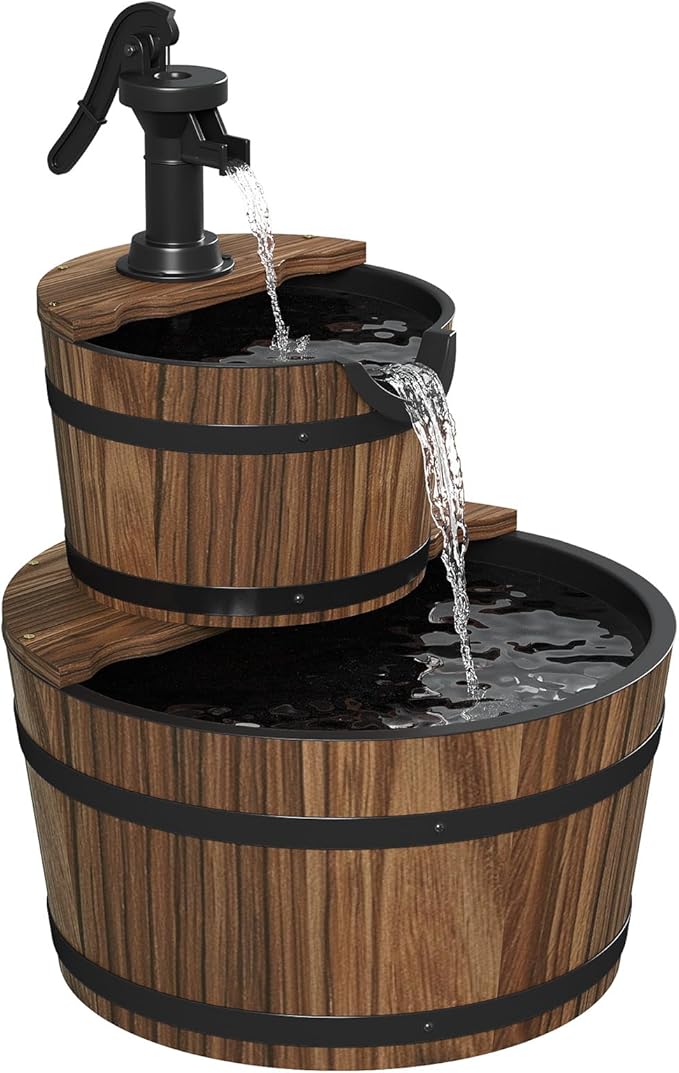 Aoxun 2-Tier Outdoor Water Fountain, Wood Barrel Cascading with Electric Decorative Hand Pump, Rustic Waterfall Fountain for Garden, Backyard, Patio, Porch, Yard