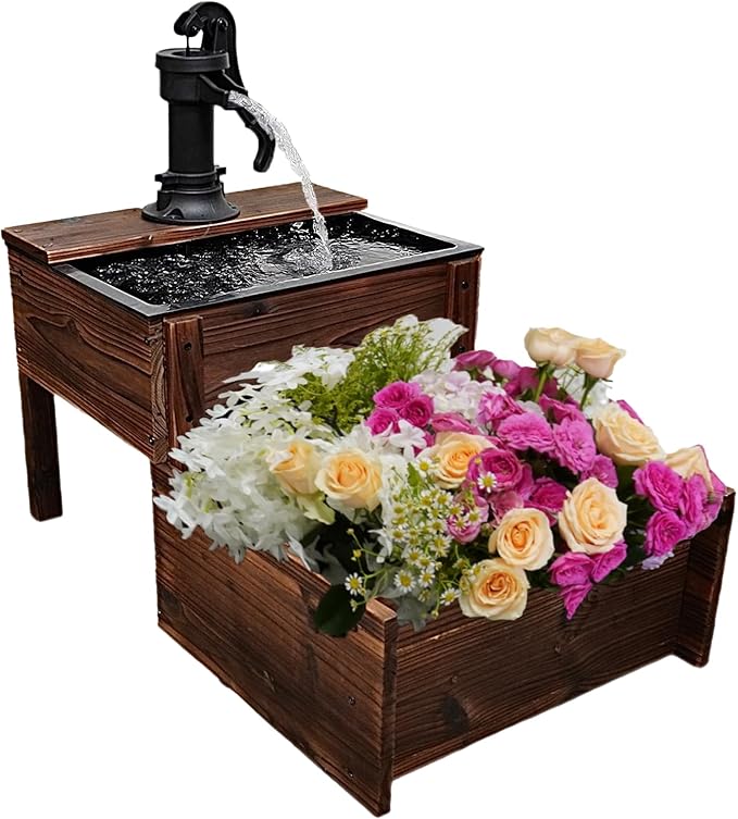 Outdoor Water Fountain，Floor Wooden Rectangular Double-Layer Old-Fashioned Pump Fountain with Flower Box，Plug-in Electric Decorative Hand Pump,Outdoor Water Feature for Garden Patio Backyard