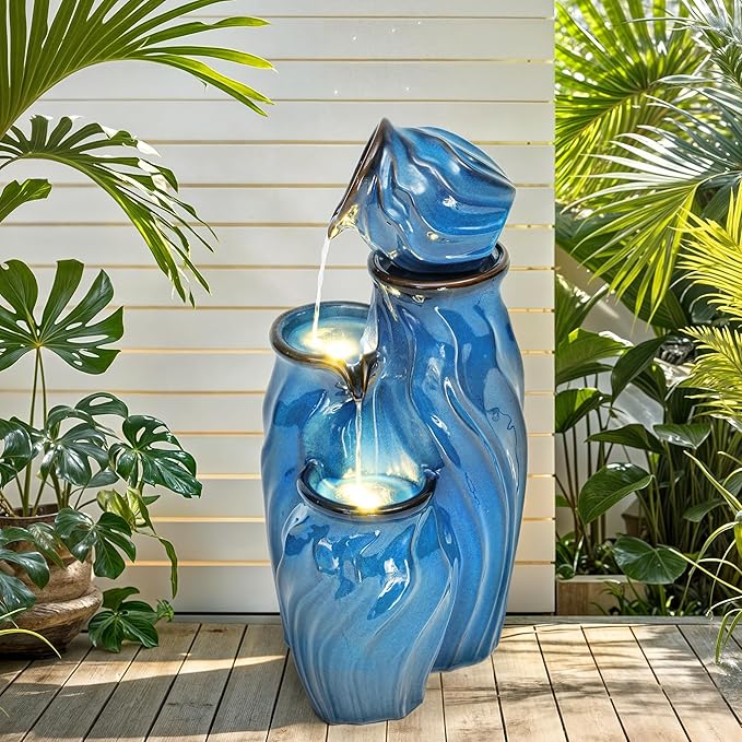Autodaya 29" Ceramic Outdoor Fountain with Lights, 4-Tier Pots Waterfalls Patio Water Fountain, Tranquil Oasis for Relaxing Garden, Yard, or Porch Decor, Turquoise, Dynamic Wave-Texture